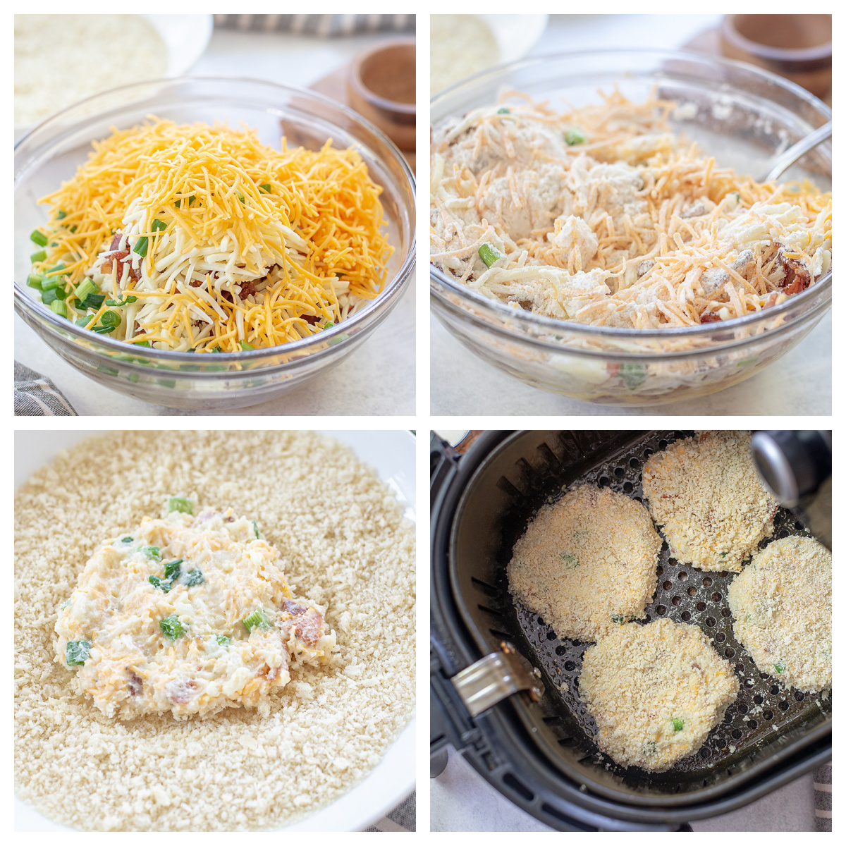 Collage of the steps of cooking air fryer potato pancake.
