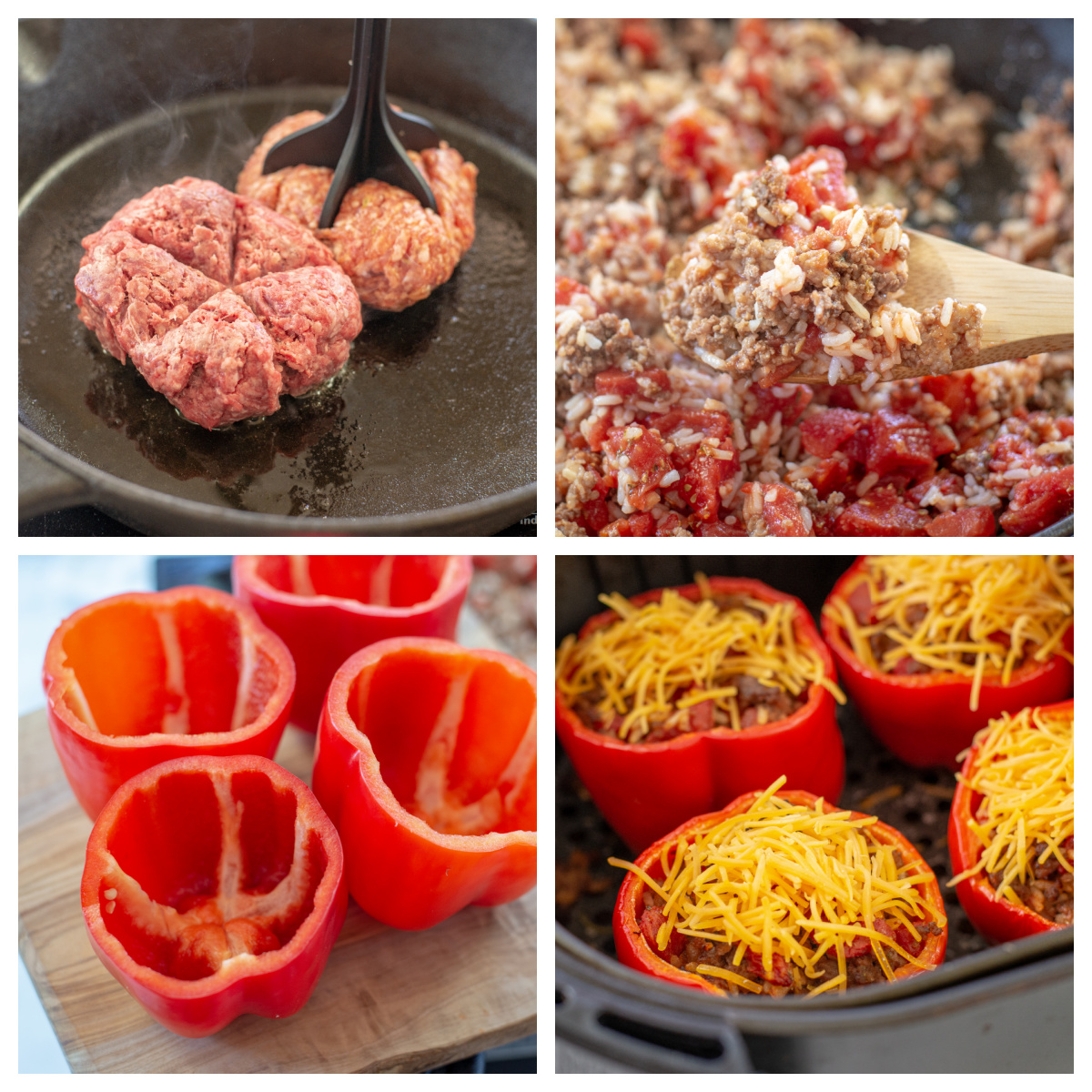 Collage of how to make stuffed peppers.
