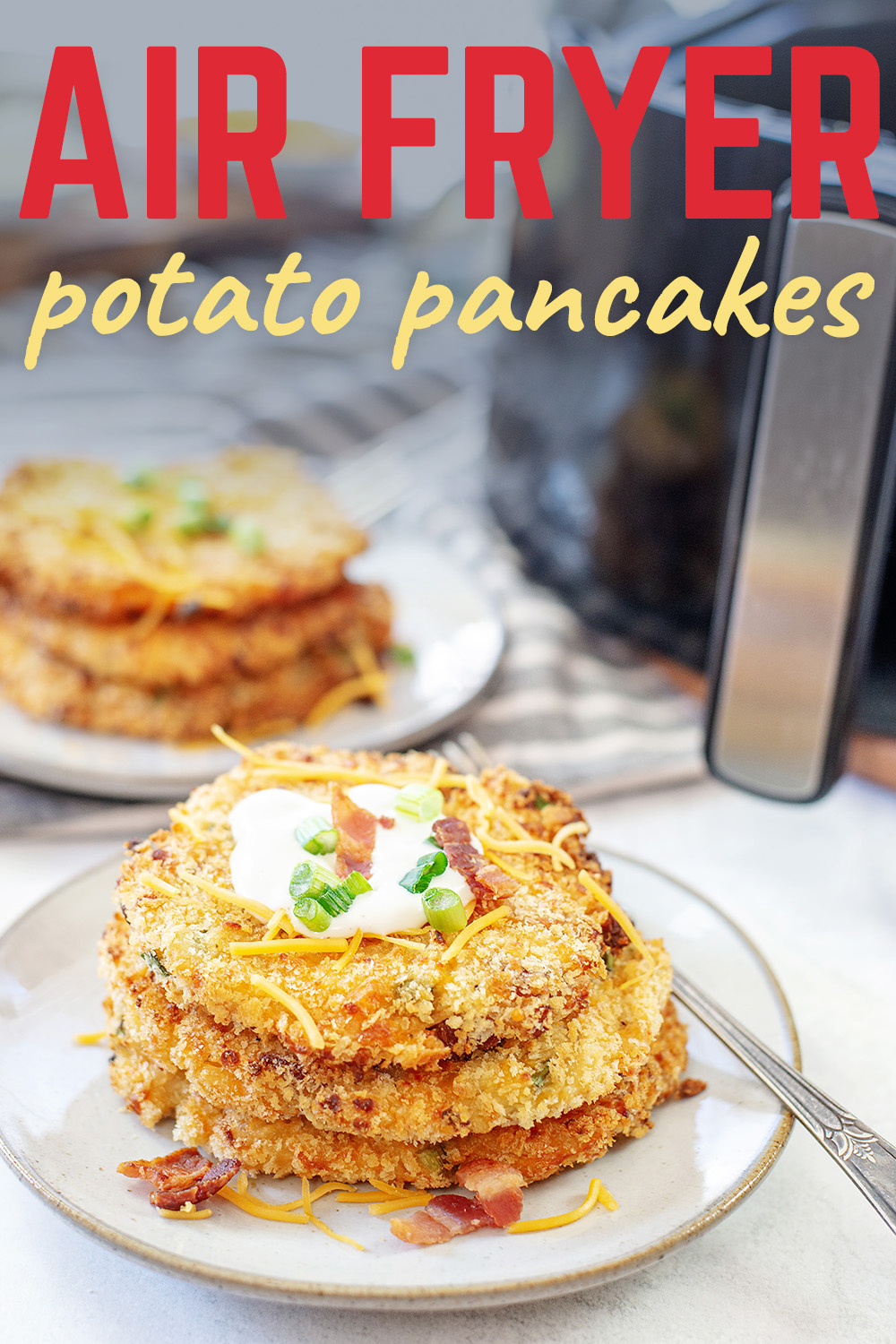 We made these savory potato pancakes  in our air fryer.  They cook crisp and even in just 10 minutes!