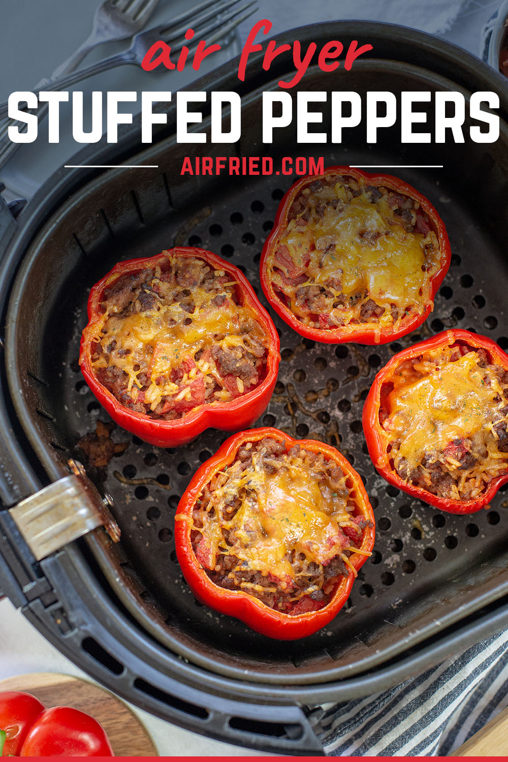 These stuffed peppers cook in about 15 minutes in the air fryer - so quick and simple!