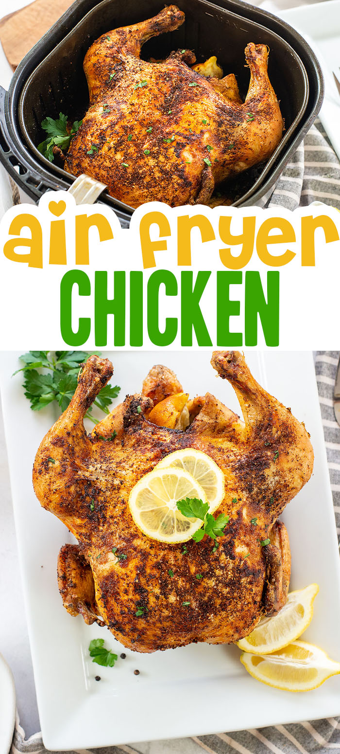 No oven needed to make this air fryer whole chicken! Perfectly roasted chicken and it's so simple!