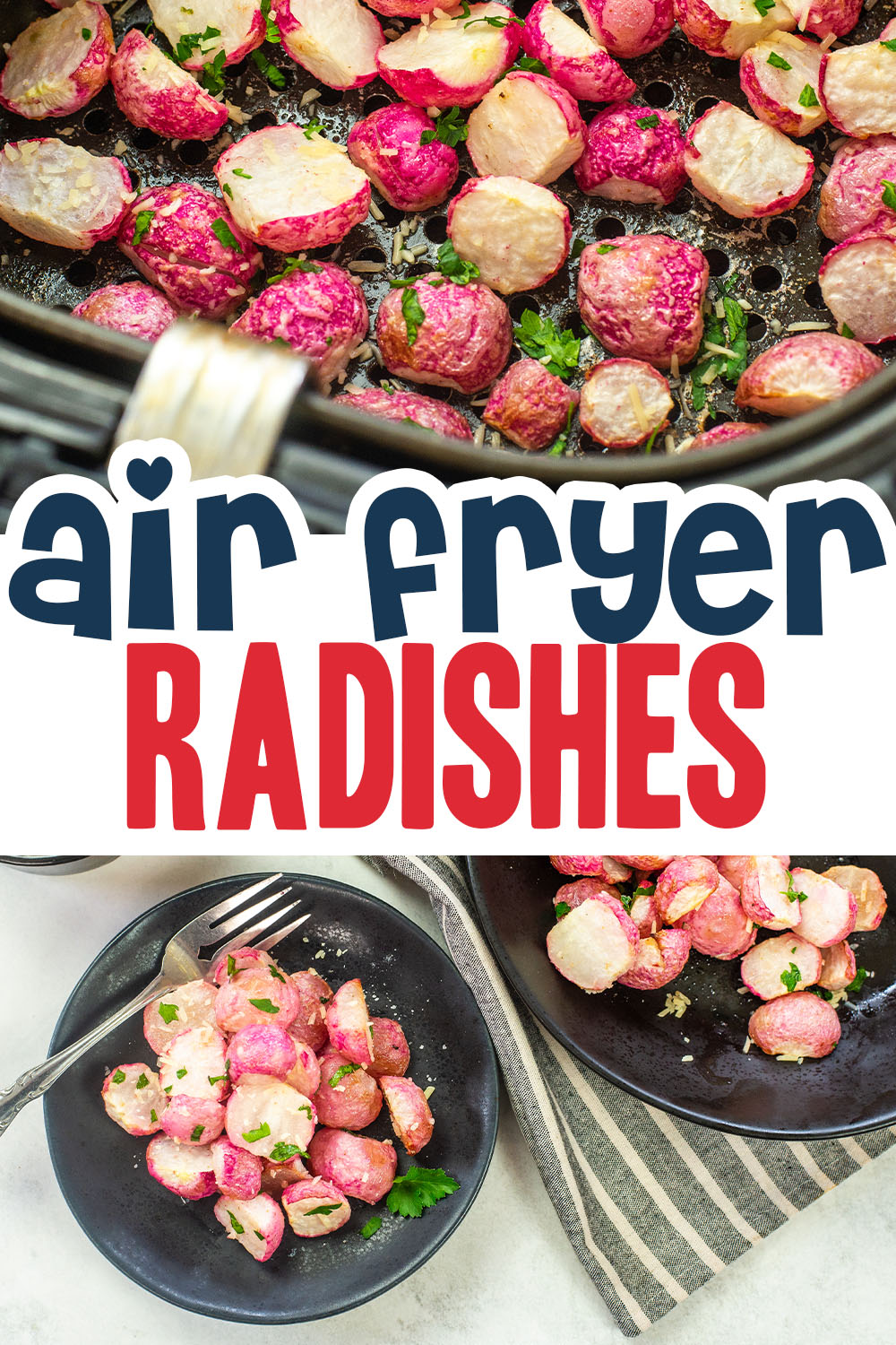 Our cooked radishes are done in just 12 minutes in the air fryer! 
Low carb, healthy, and so tasty!