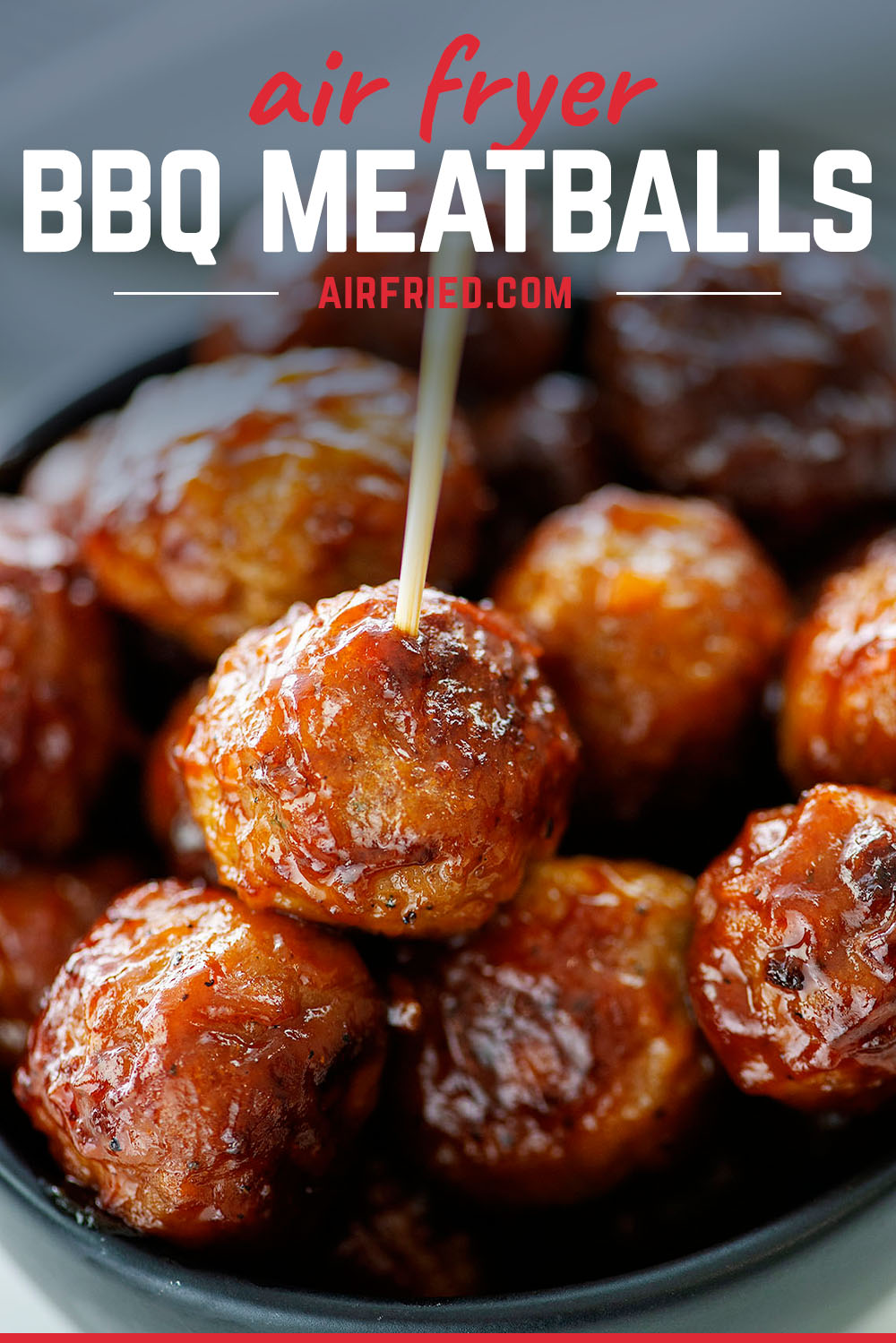These BBQ meatballs cook in the air fryer in just 10 minutes and start with a bag of frozen meatballs! THe perfect snack!