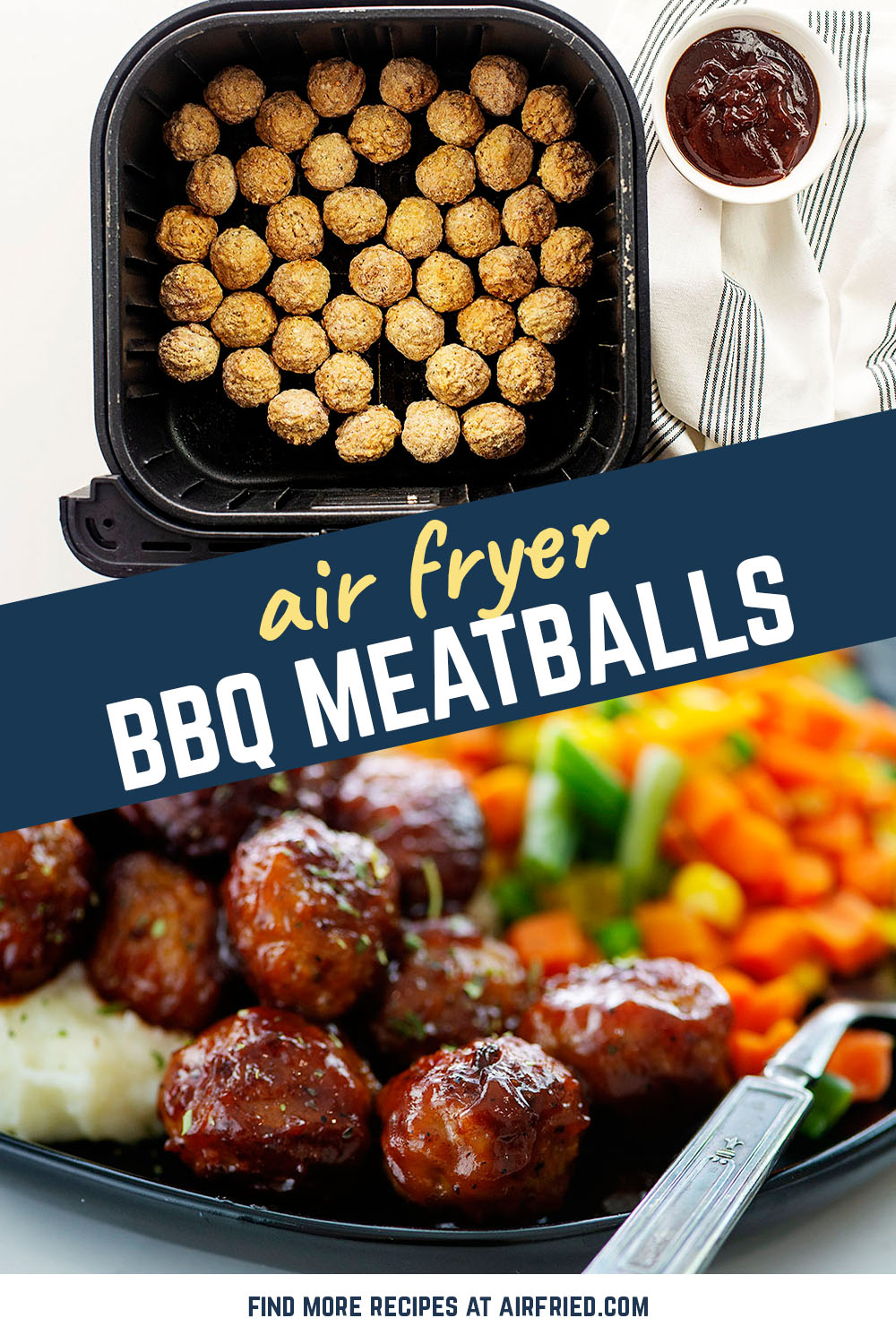 We make Air Fryer Frozen Meatballs into a 10 minute dinner! Dump the meatballs in the air fryer, cook for 10 minutes, and toss in BBQ sauce for a simple dinner! Serve with mashed potatoes and veggies and you've got a quick, family friendly meal, that took practically no effort! 