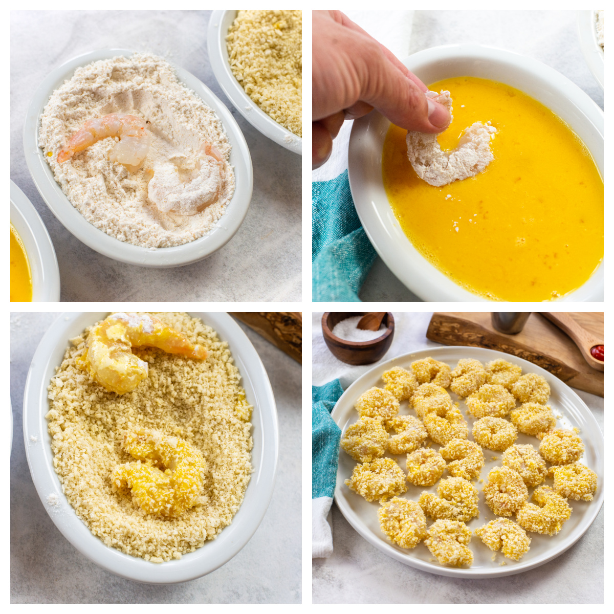 Collage of three steps to breading shrimp.