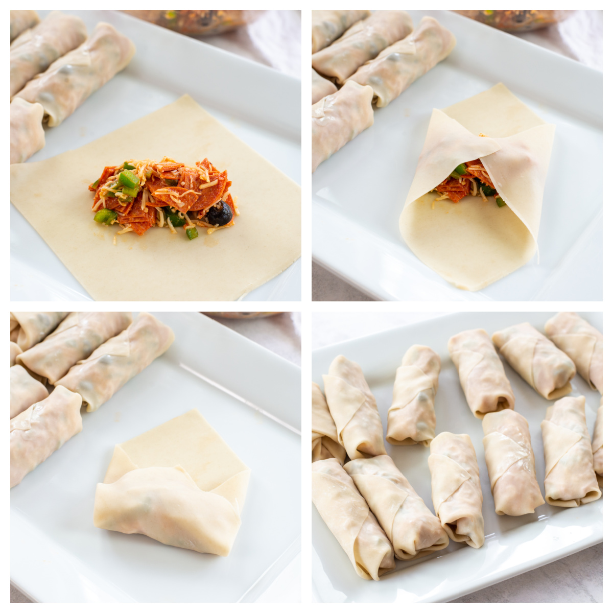 A collage of the steps involved to fold a pizza egg roll.