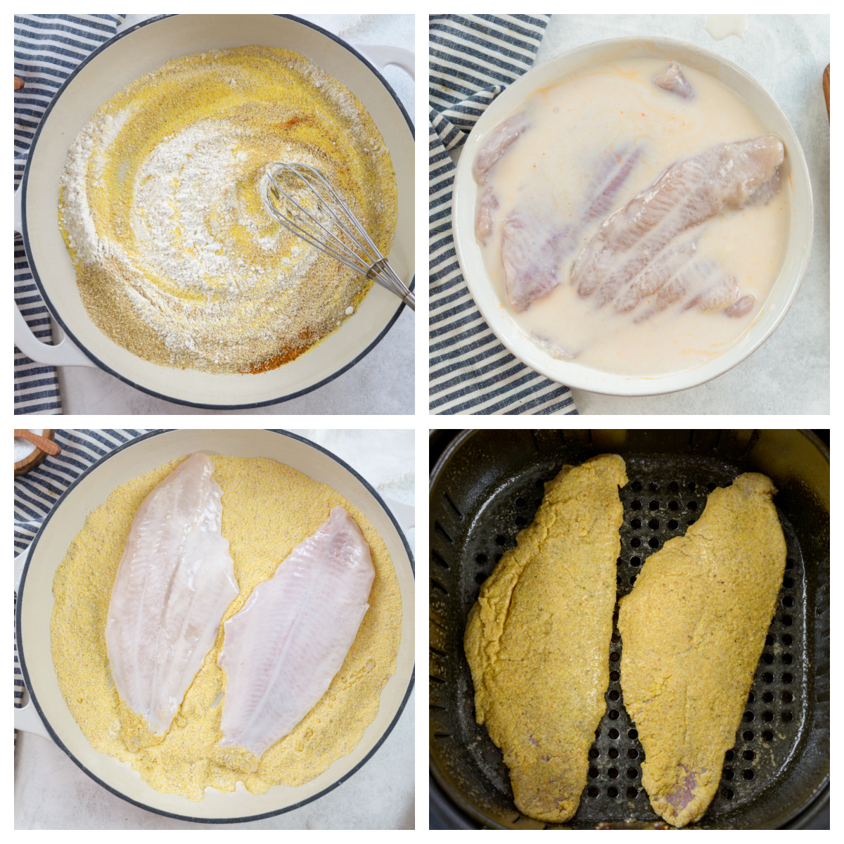 The four steps of adding breading to catfish.