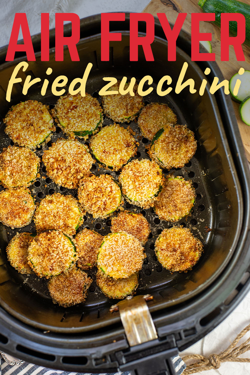 Air fryer zucchini chips come out crispy, cooked perfectly evenly.  The light seasoning is perfect for the zucchini!