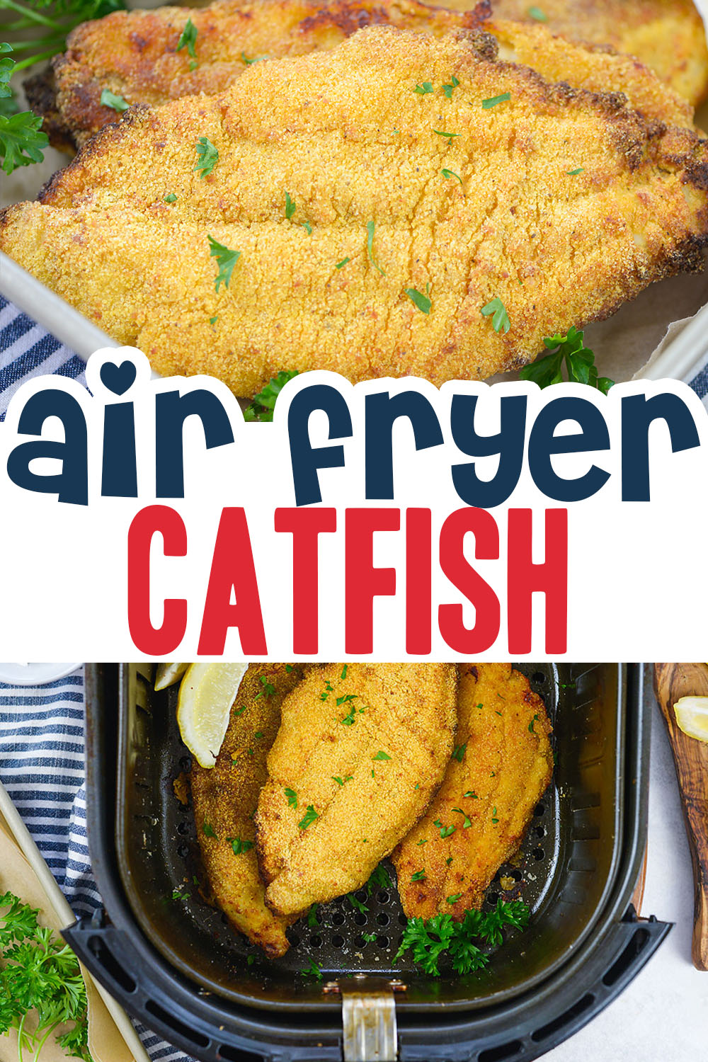 Crispy catfish fillets are easy to make in the air fryer!  This homemade seasoning has a light cajun flavor that pairs perfectly with the flaky white fish!