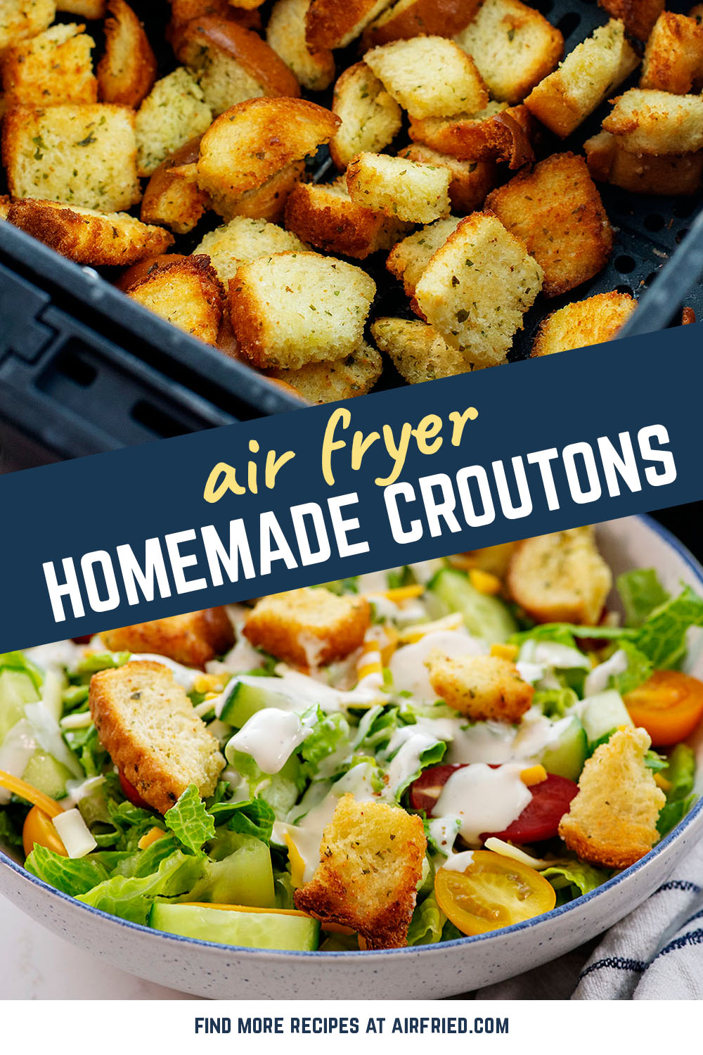 These homemade croutons are super easy to make in the air fryer!  The take a good salad and make it wonderful!