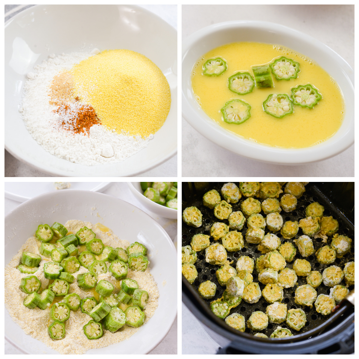 Collage of the four steps of breading okra.