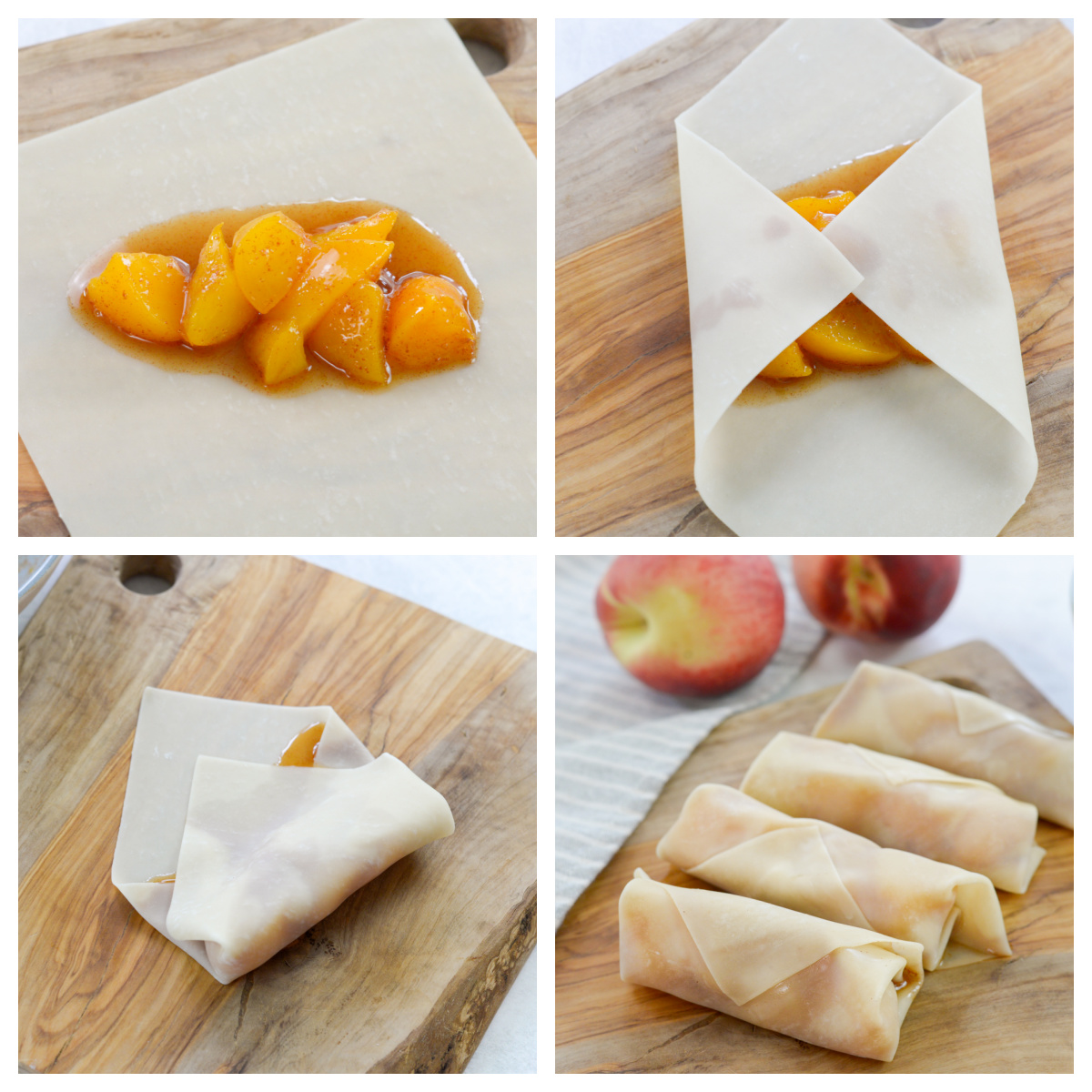 Peach cobbler being rolled into an egg roll.