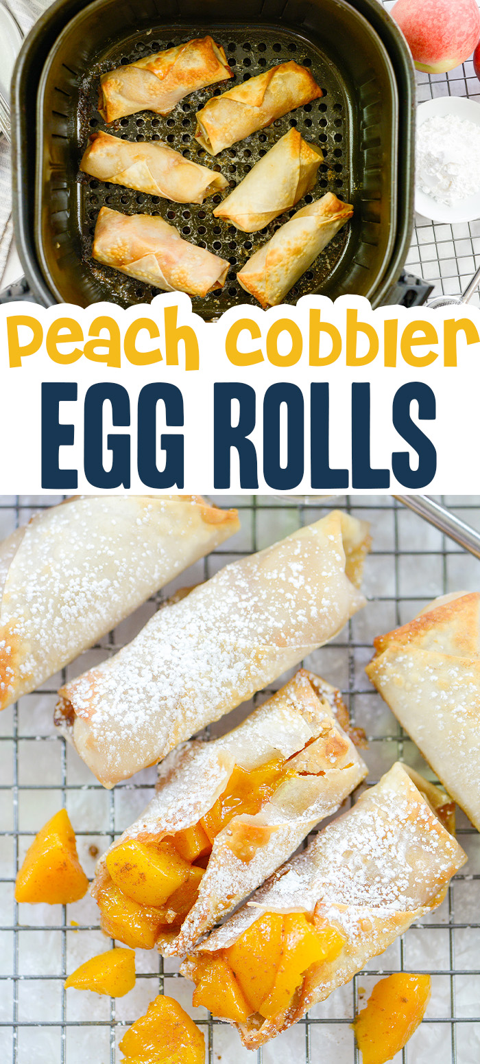Our peach cobbler egg rolls are a very unique dessert treat.  They are easy to make, and easy to serve!