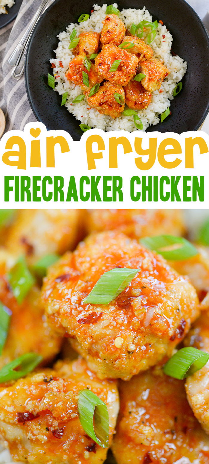 Air fried firecracker chicken gives you a slightly spicy sauce to coat in your crispy boneless chicken bites!  This is a great dish on it's own and the spice factor can be easily modified to your taste!