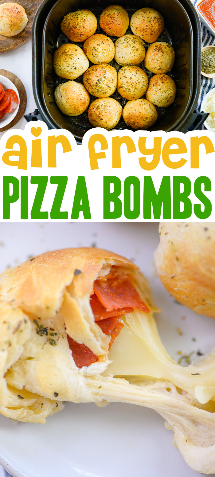 These air fried pizza bombs are a soft dough ball filled with cheese and pepperoni.  You can fill them with any pizza toppings you want!  