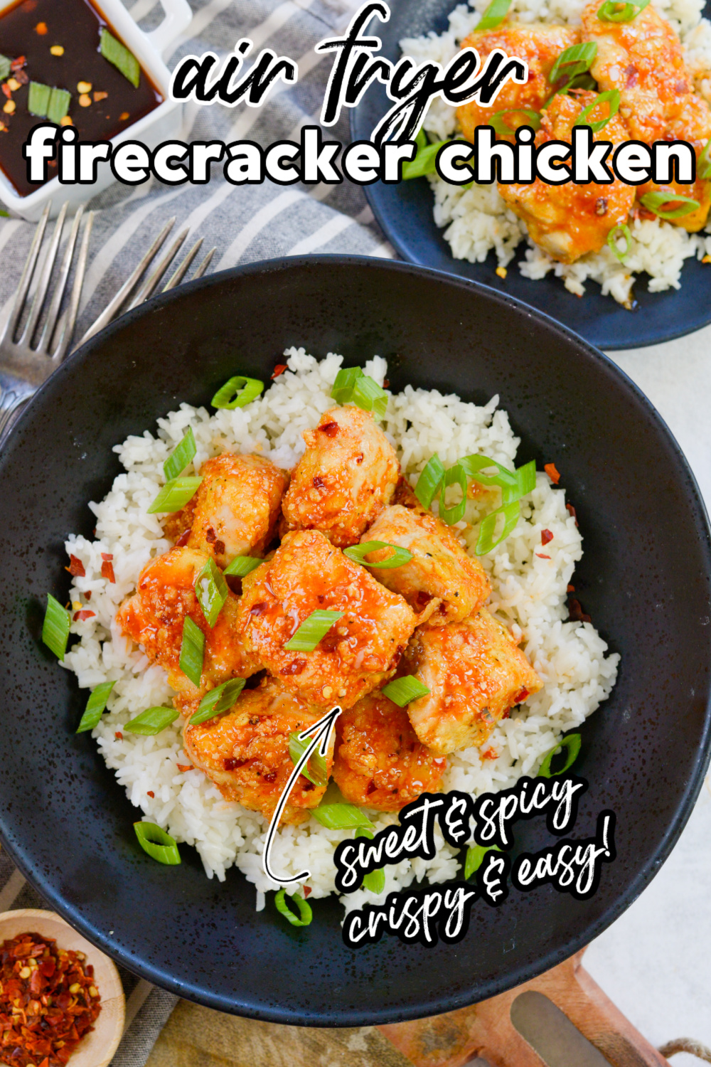 This firecracker chicken recipe is ready in just over 10 minutes!  Cook the homemade sauce while the air fryer is making your chicken nice and crispy!
