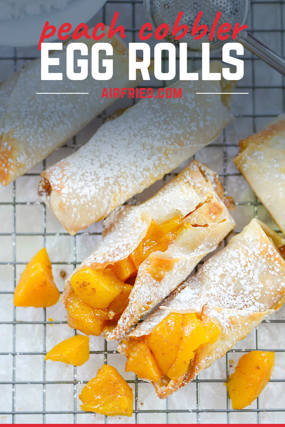 These egg rolls are filled with a sweet peach cobbler filling!