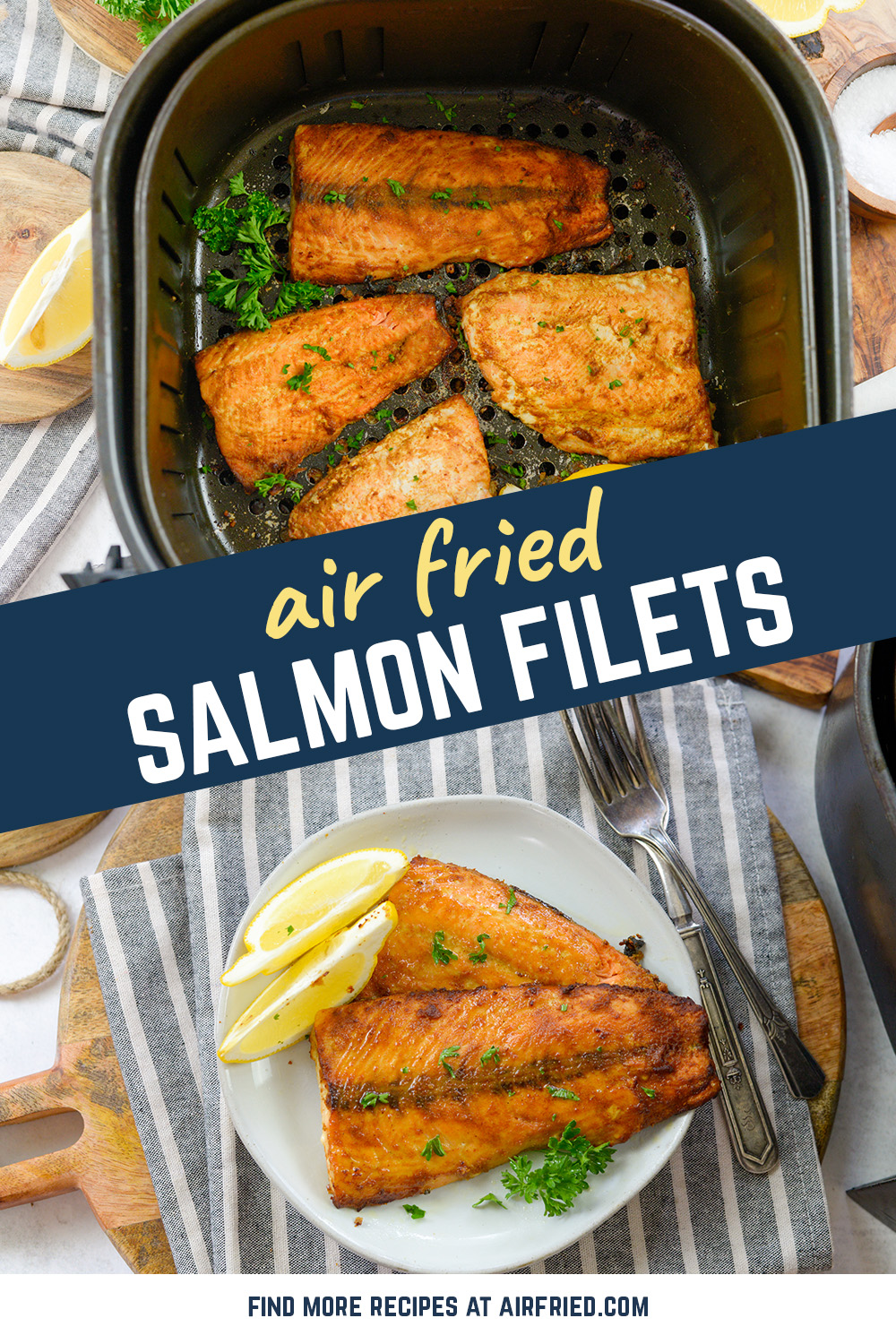 Our Air Fryer Frozen Salmon comes out just perfect in less than 15 minutes! It's an easy way to get a healthy dinner on the table and everyone loves this salmon topped with a lemon dijon sauce!
