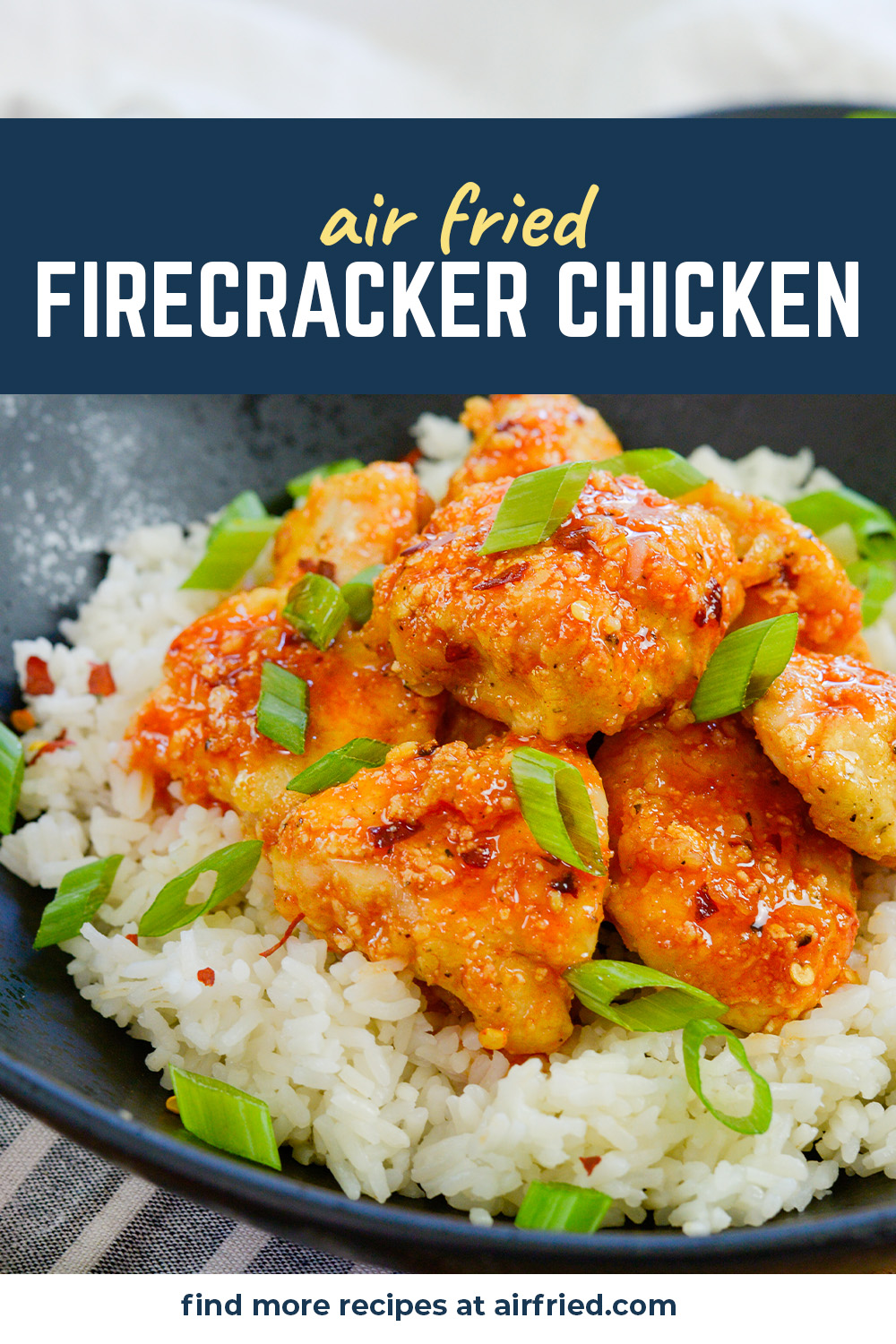 This firecracker chicken recipe cooks the chicken in an air fryer to a crisp finish and then we coat it in a sweet and spicy sauce!