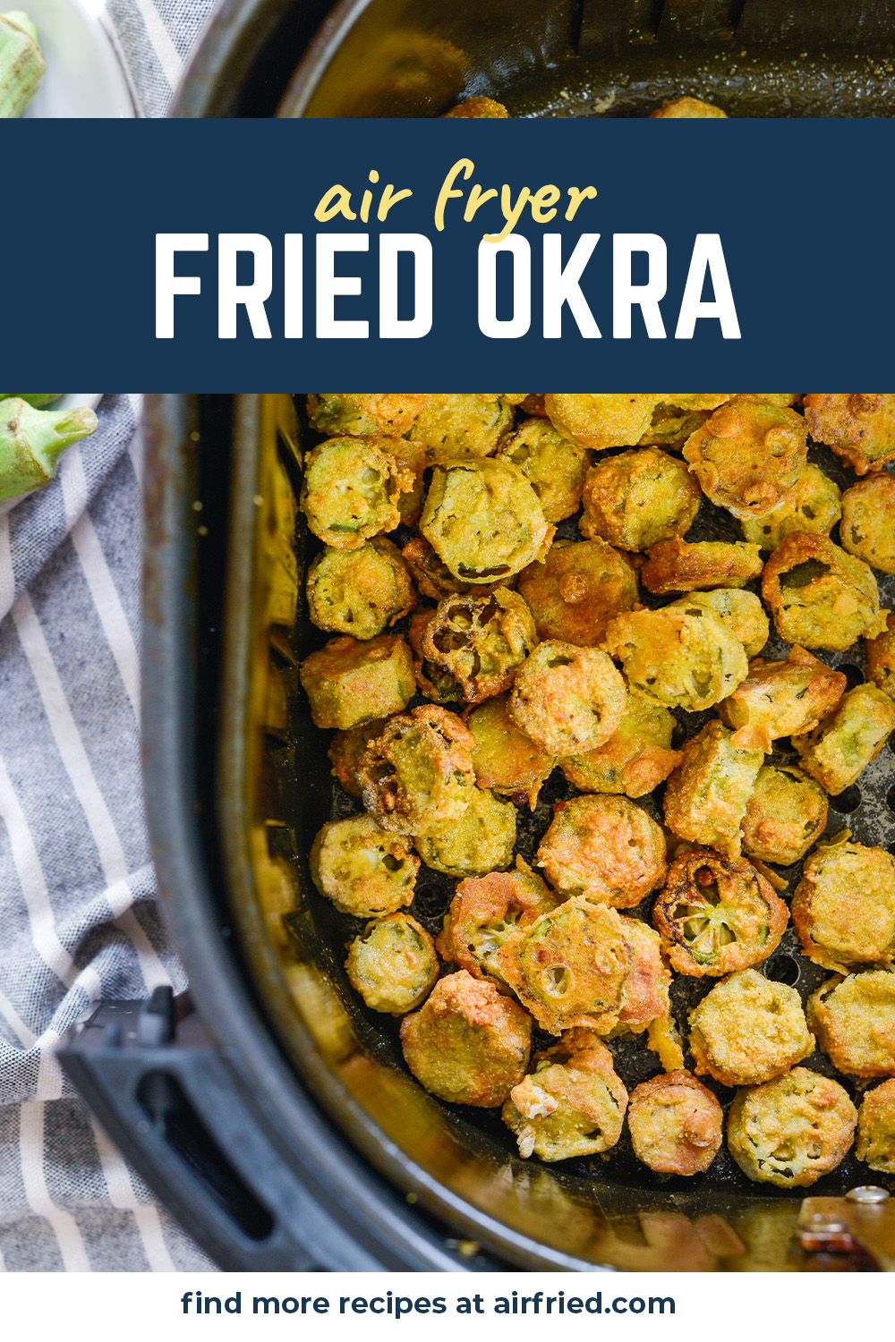 These okra were air fried in under 15 minutes!  They are healthy, yummy, and easy.  The trinity!