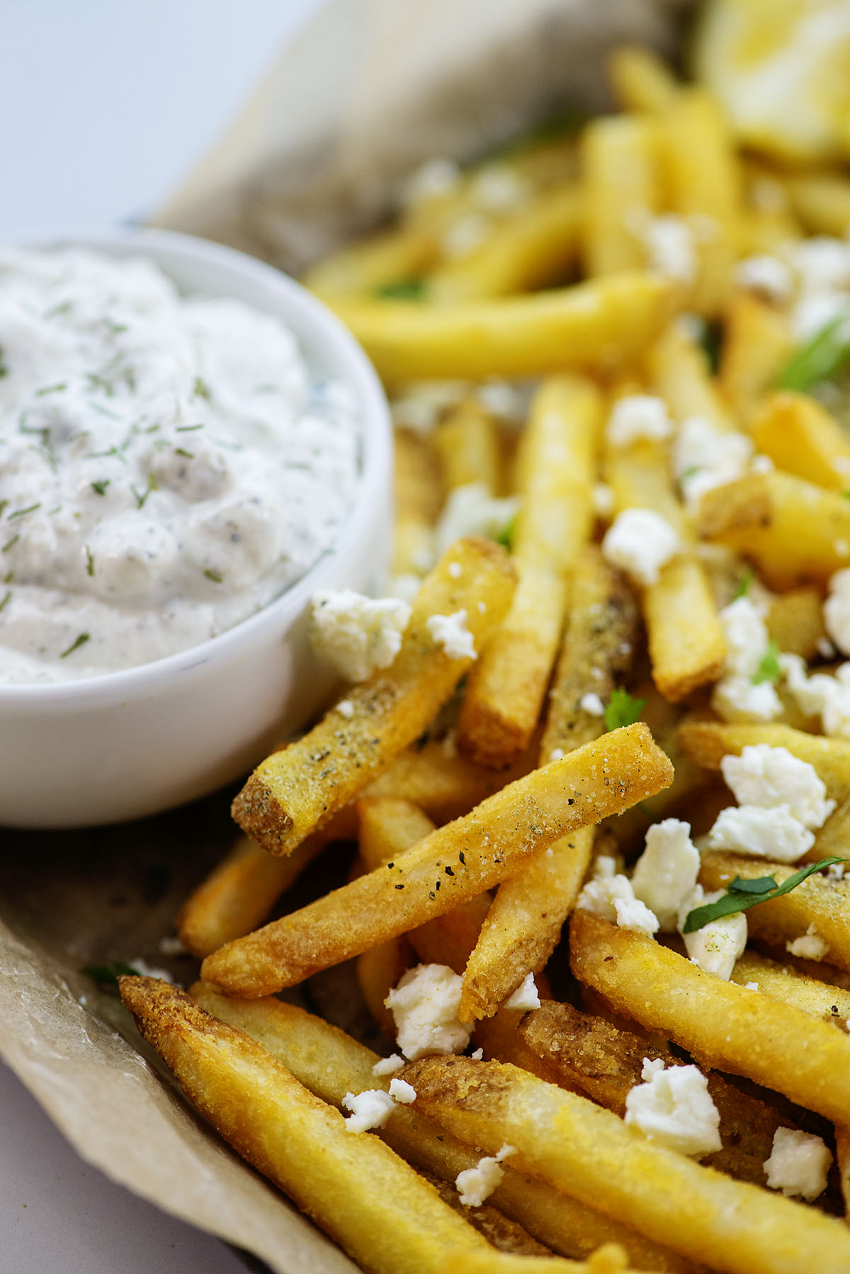 French fries with feta cheese and seasoning on them with a cup of tatziki sauce.