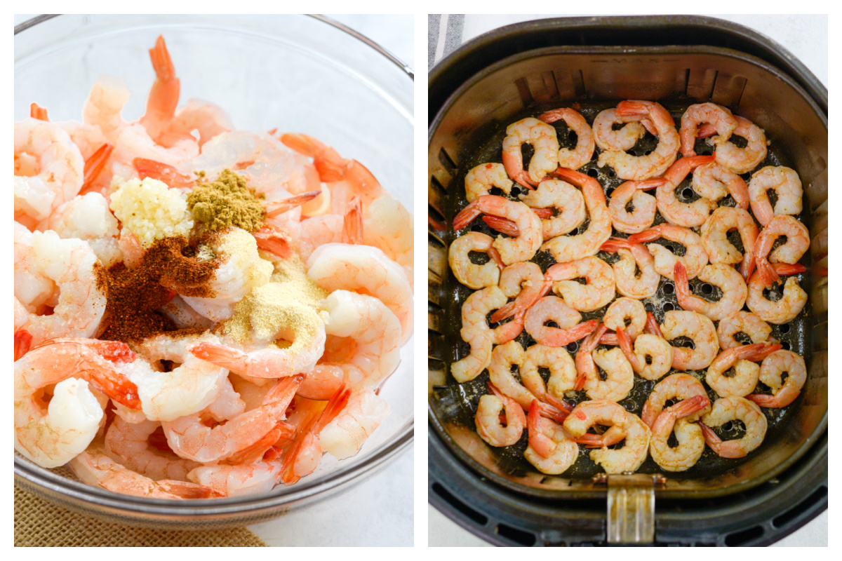 Raw shrimp in a bowl and in an air fryer basket.