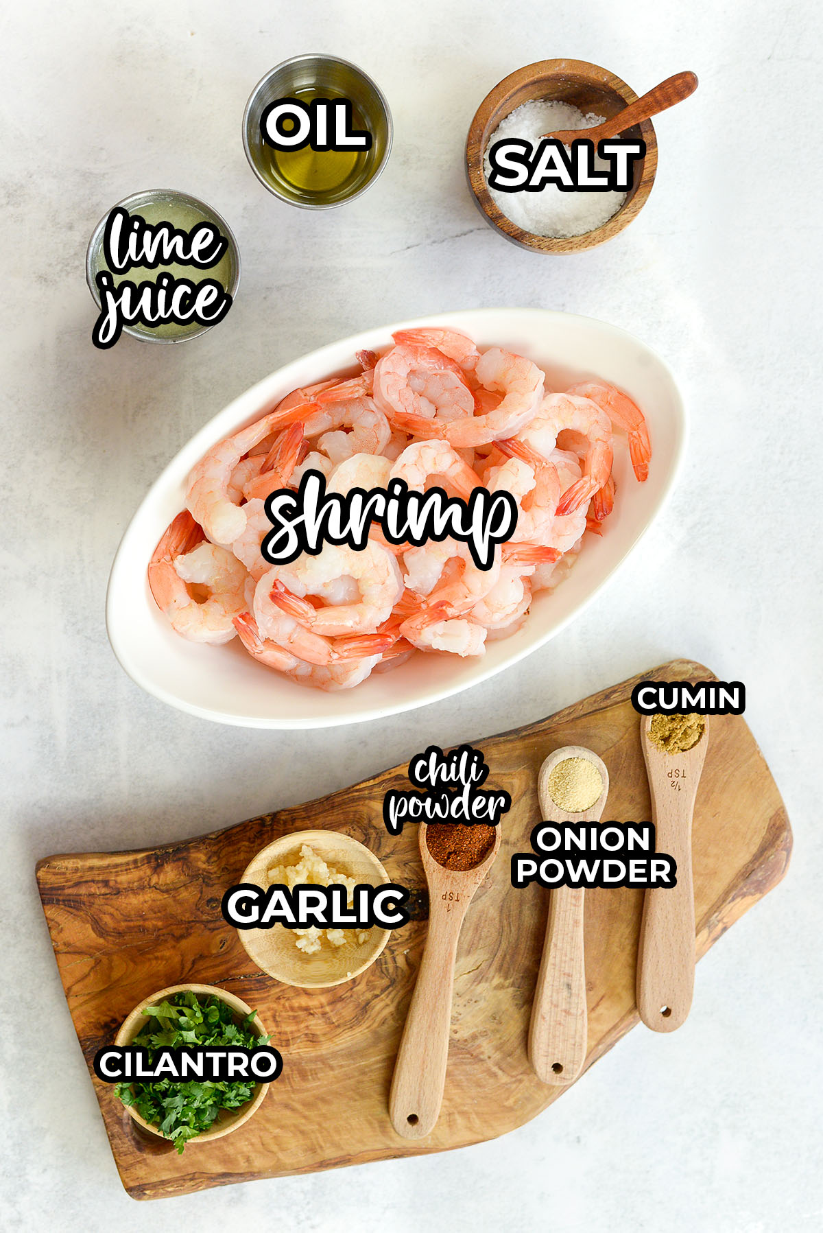 Chili lime shrimp ingredients spread out on a countertop.