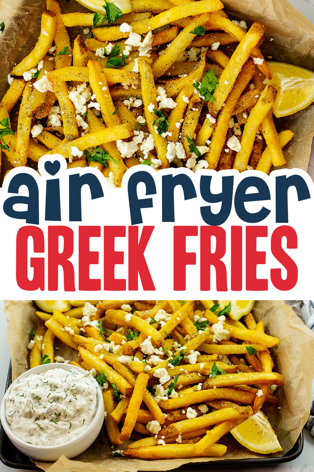 Greek fries are simple to make in the air fryer!  I love dipping these in tzatziki sauce!