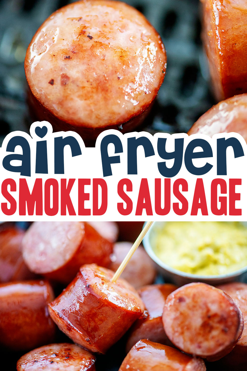 This recipe for air fryer smoked sausage is super simple!  You can serve this as a main course or an appetizer!