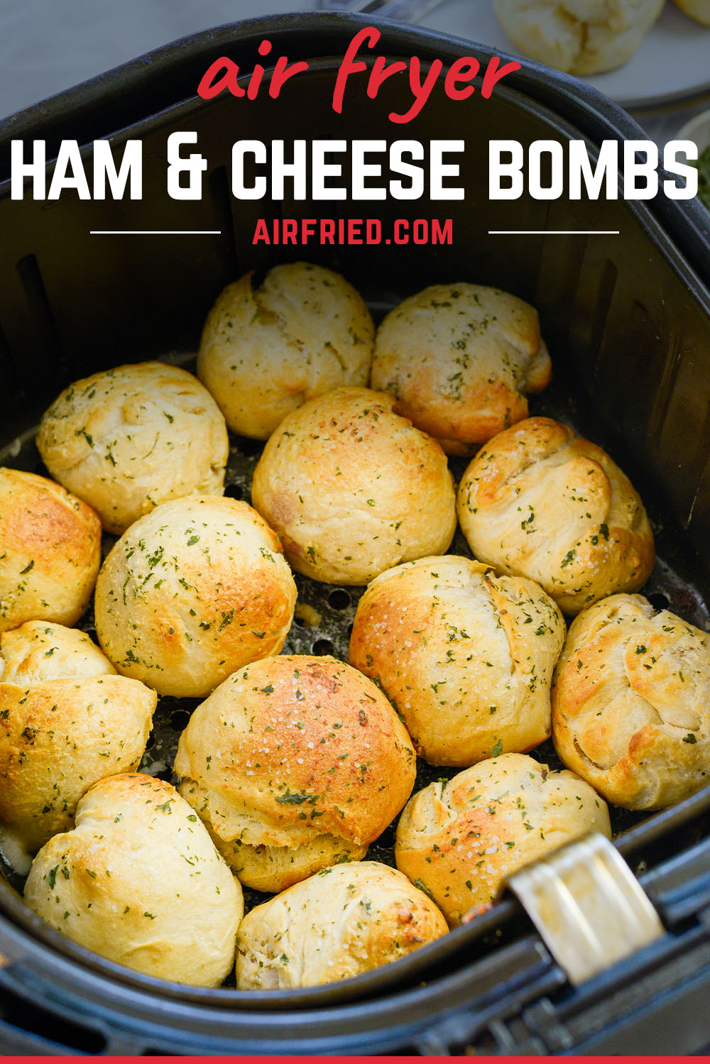 I love these air fried ham and cheese bombs.  They have a perfect center, a fluffy shell, and they were easy to make!