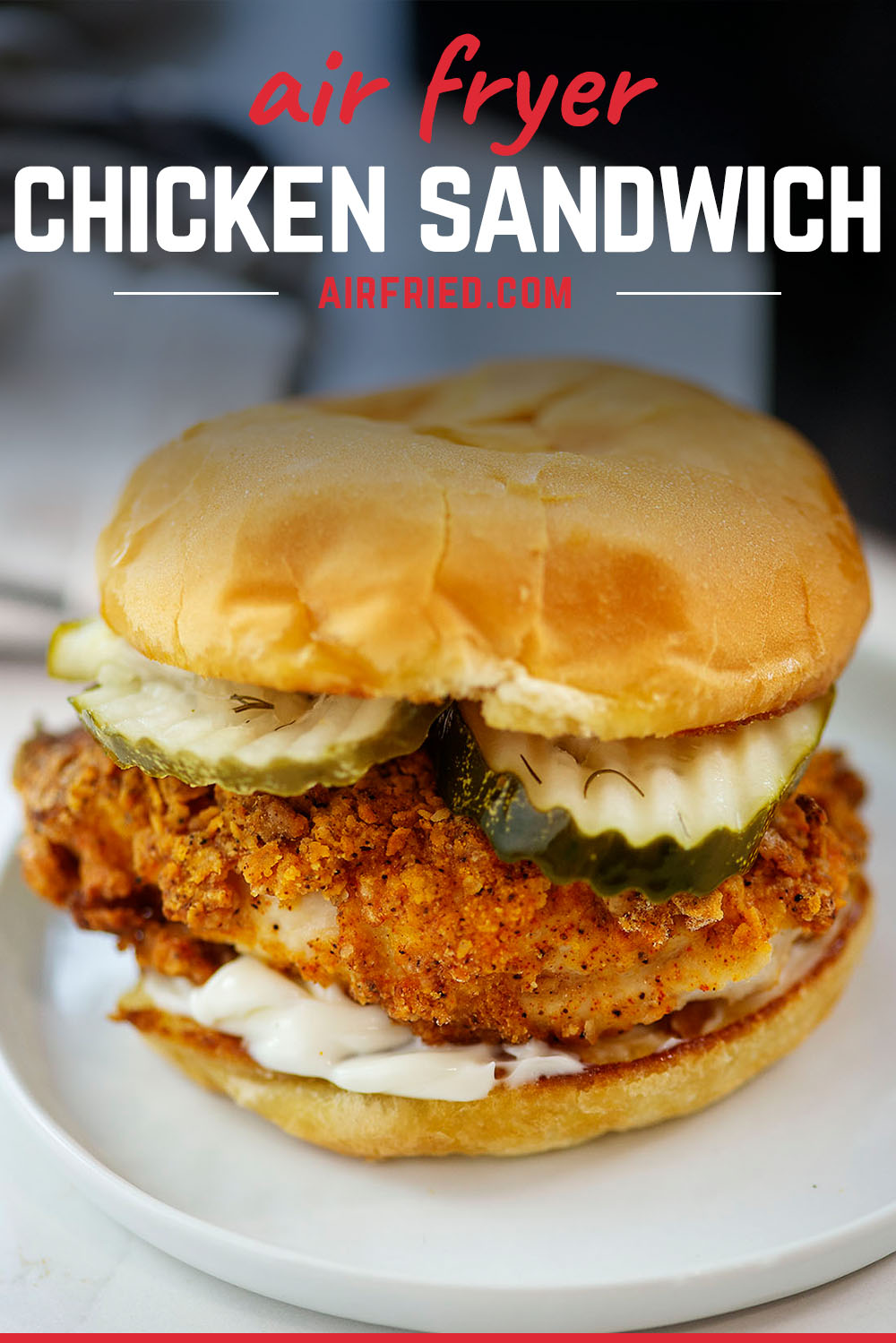 This is the best air fryer chicken sandwich recipe we have made yet!  We end up with a tender chicken breast and a crispy breading on the outside.