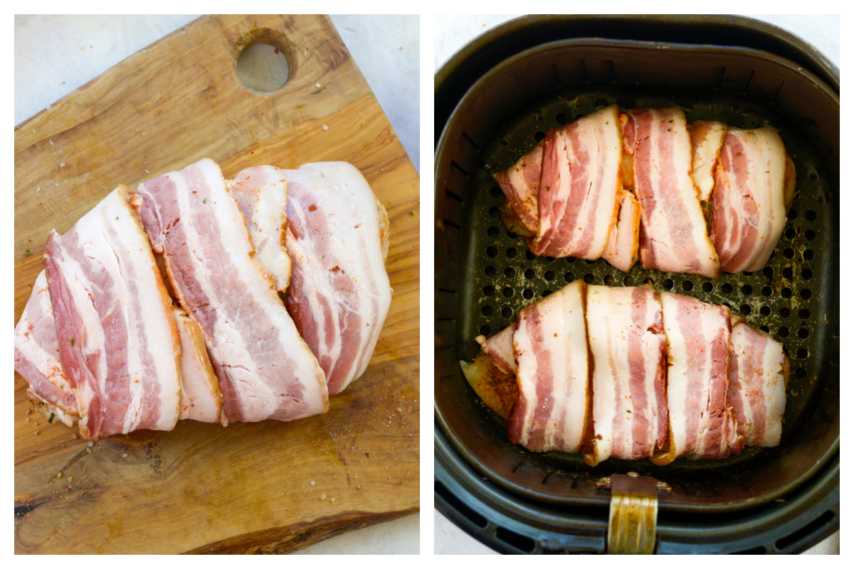 Raw bacon wrapped chicken in an air fryer basket.