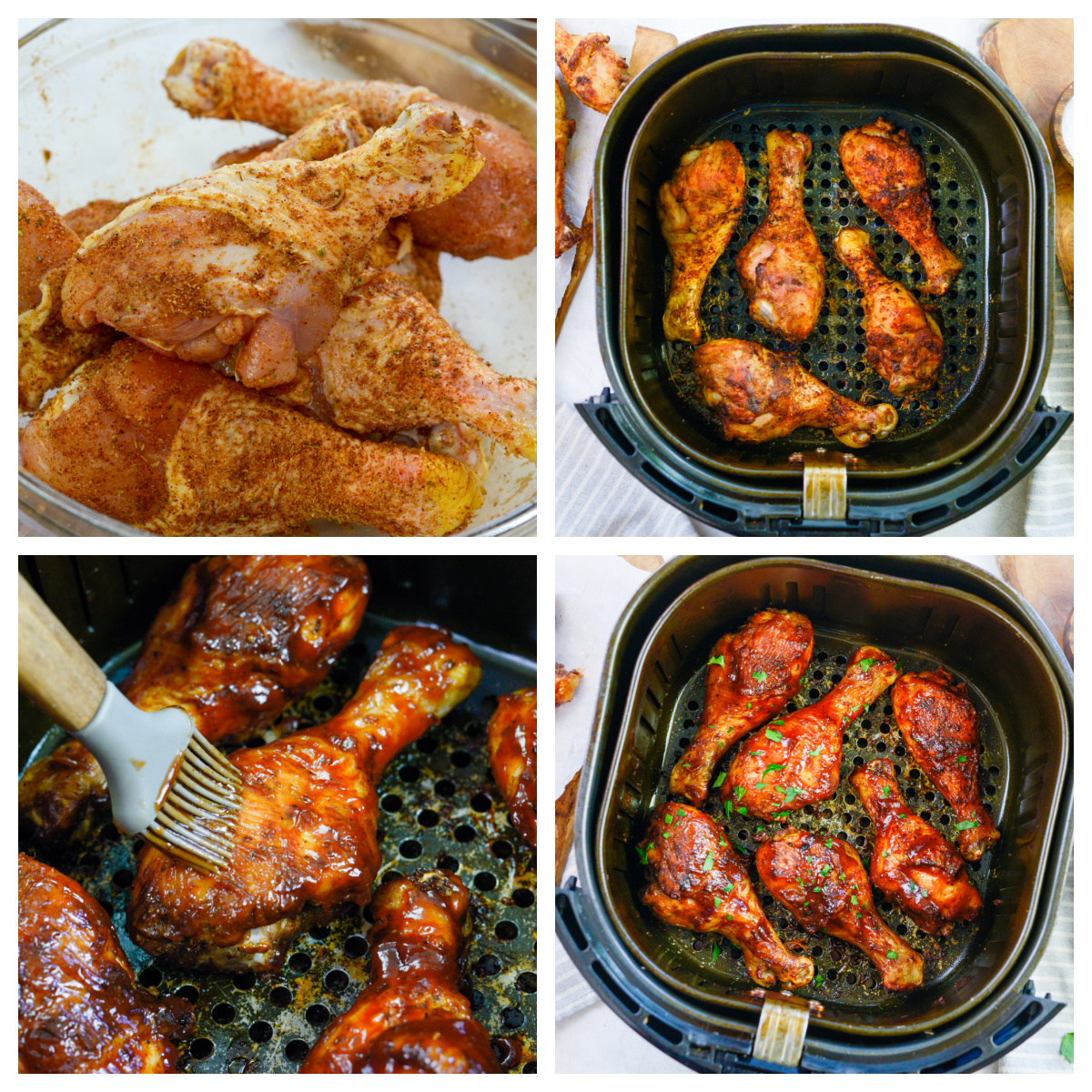 collage showing how to make bbq chicken legs in the air fryer.