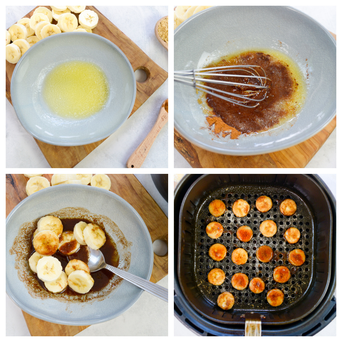 Collage of the steps of cooking air fryer bananas.