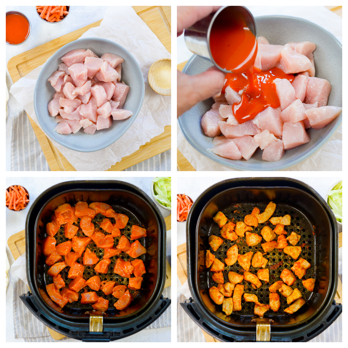 collage showing how to make buffalo chicken in air fryer.