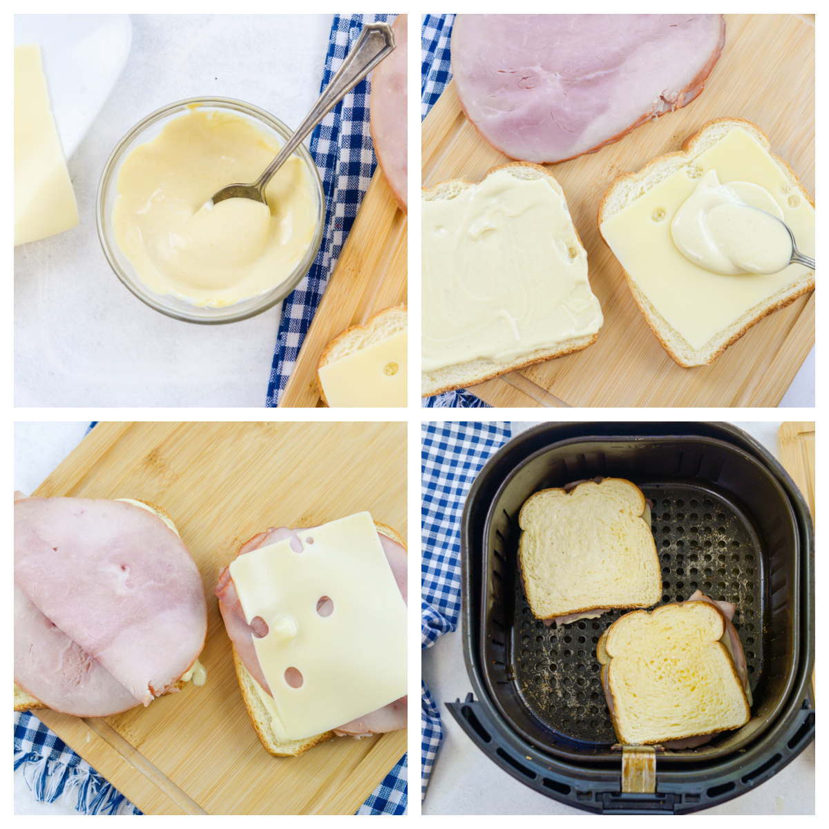 Collage of the steps of making ham and cheese sandwiches.