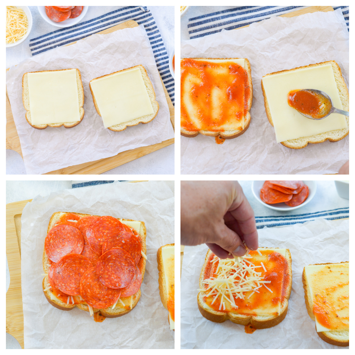 Adding cheese, pizza sauce, and pepperoin to a slice of bread.