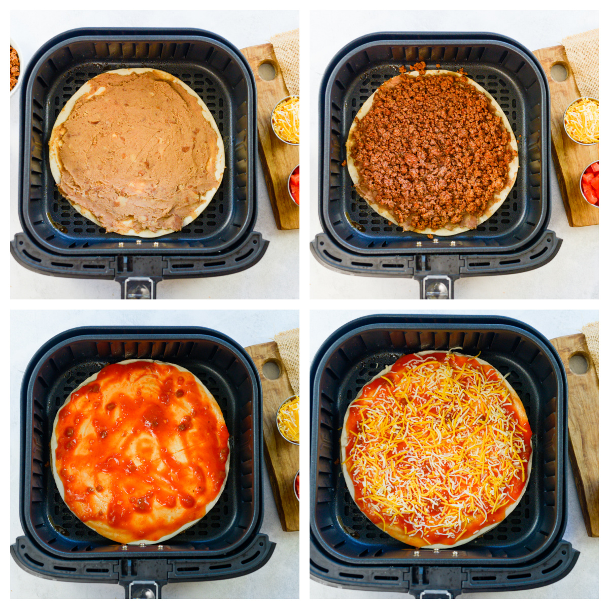 Collage of the steps of adding toppings to Mexican pizza.