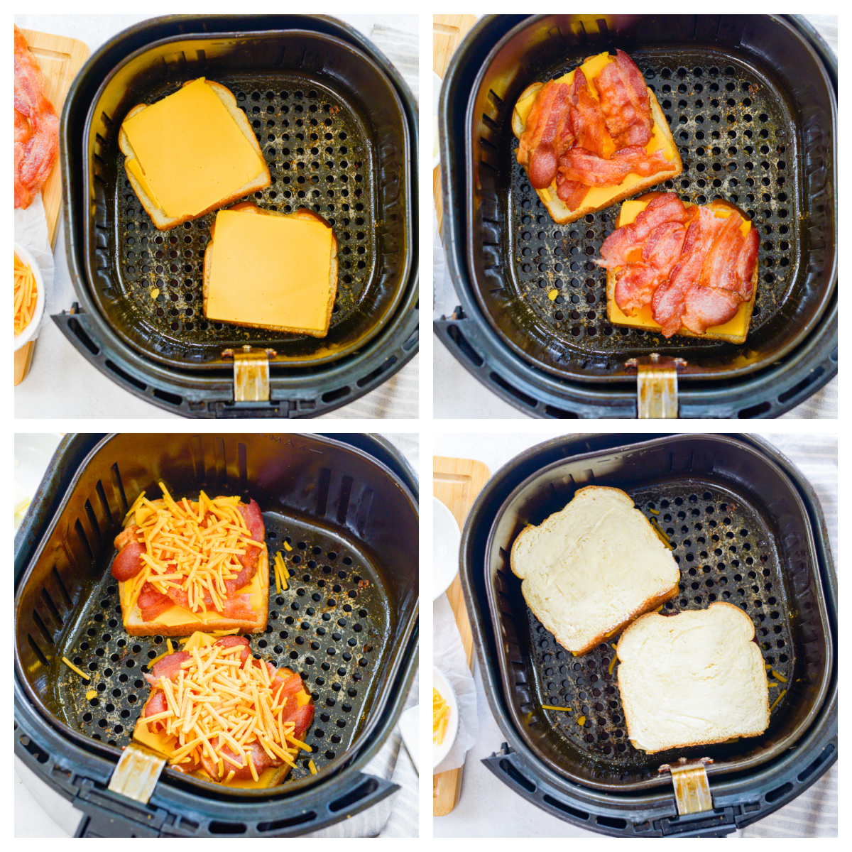 Collage of assembling a bacon grilled cheese sandwich.