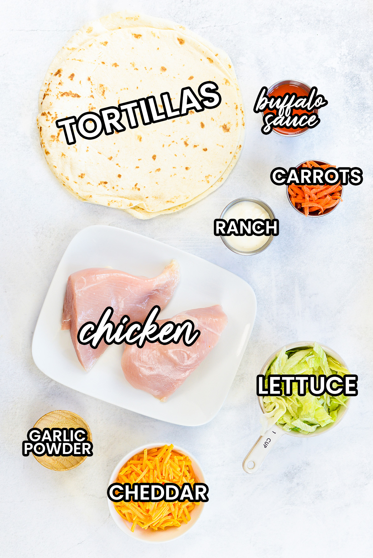 ingredients for buffalo chicken wrap.