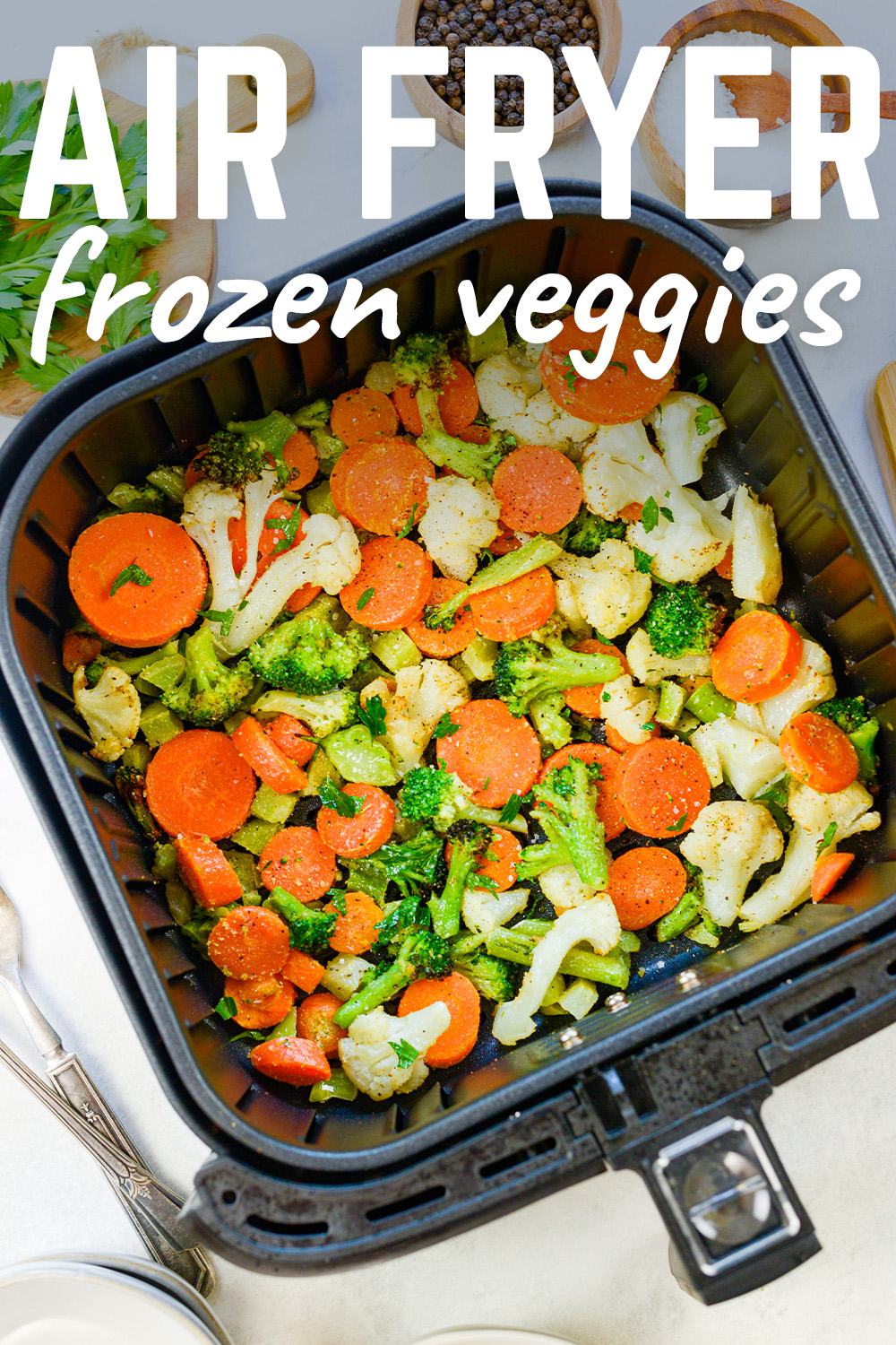 These frozen veggies are easy to cook evenly and easily in the air fryer!  We also show you a simple seasoning that makes them taste so good in this healthy side dish!
