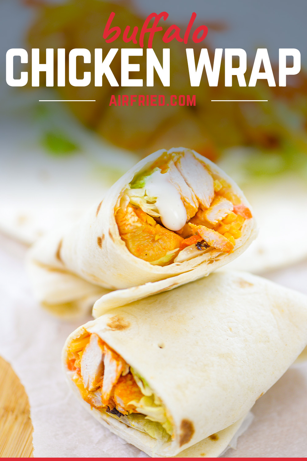 These easy Air Fryer Buffalo Chicken Wraps are an easy way to get lunch on the table! We toss bits of chicken in buffalo sauce, cook them in the air fryer, and then pile it on a tortilla with cheese, lettuce, and dressing to make a simple, flavorful wrap!