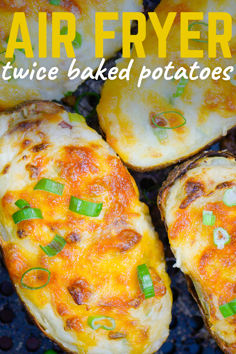 Close up of twice baked potatoes in an air fryer.