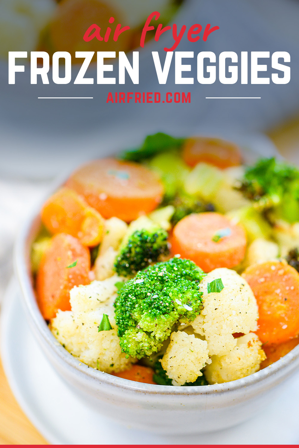 These frozen veggies are easy to cook evenly and easily in the air fryer!  We also show you a simple seasoning that makes them all taste good in this healthy snack!