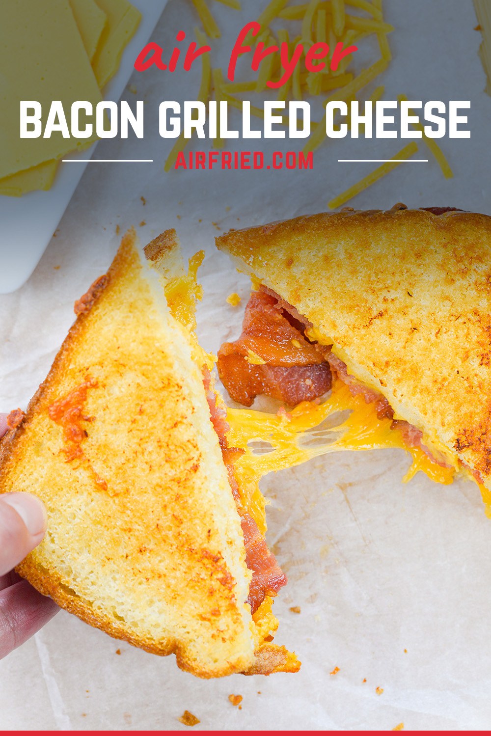 We made this bacon grilled cheese sandwich in the air fryer!  It was really easy and the bread toasted perfectly!