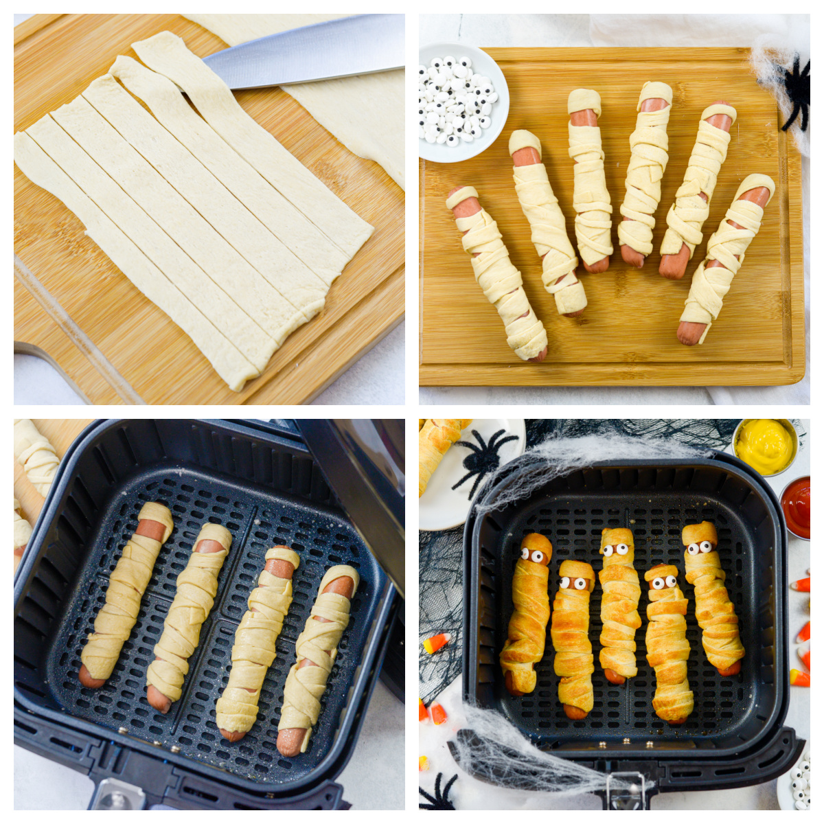 Collage of four steps for cooking mummy dogs.