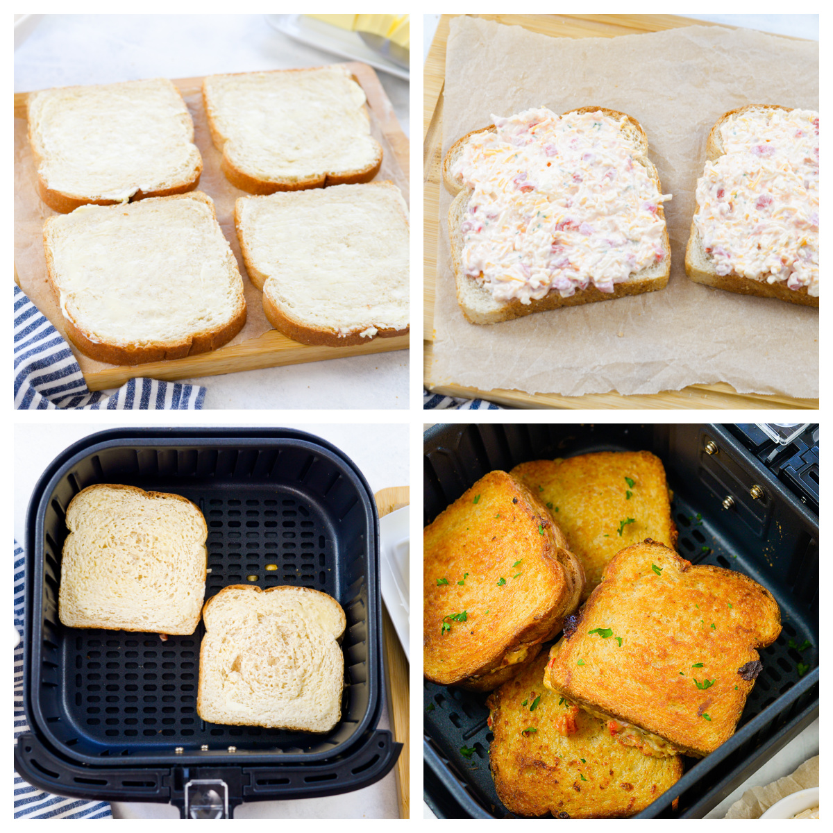 Collage of four steps to cooking a pimento grilled cheese.
