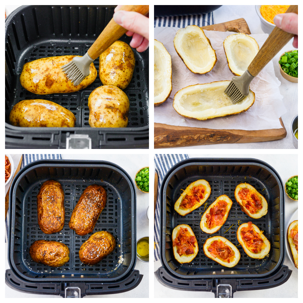 Collage of the steps of preparing potato skins in an air fryer.
