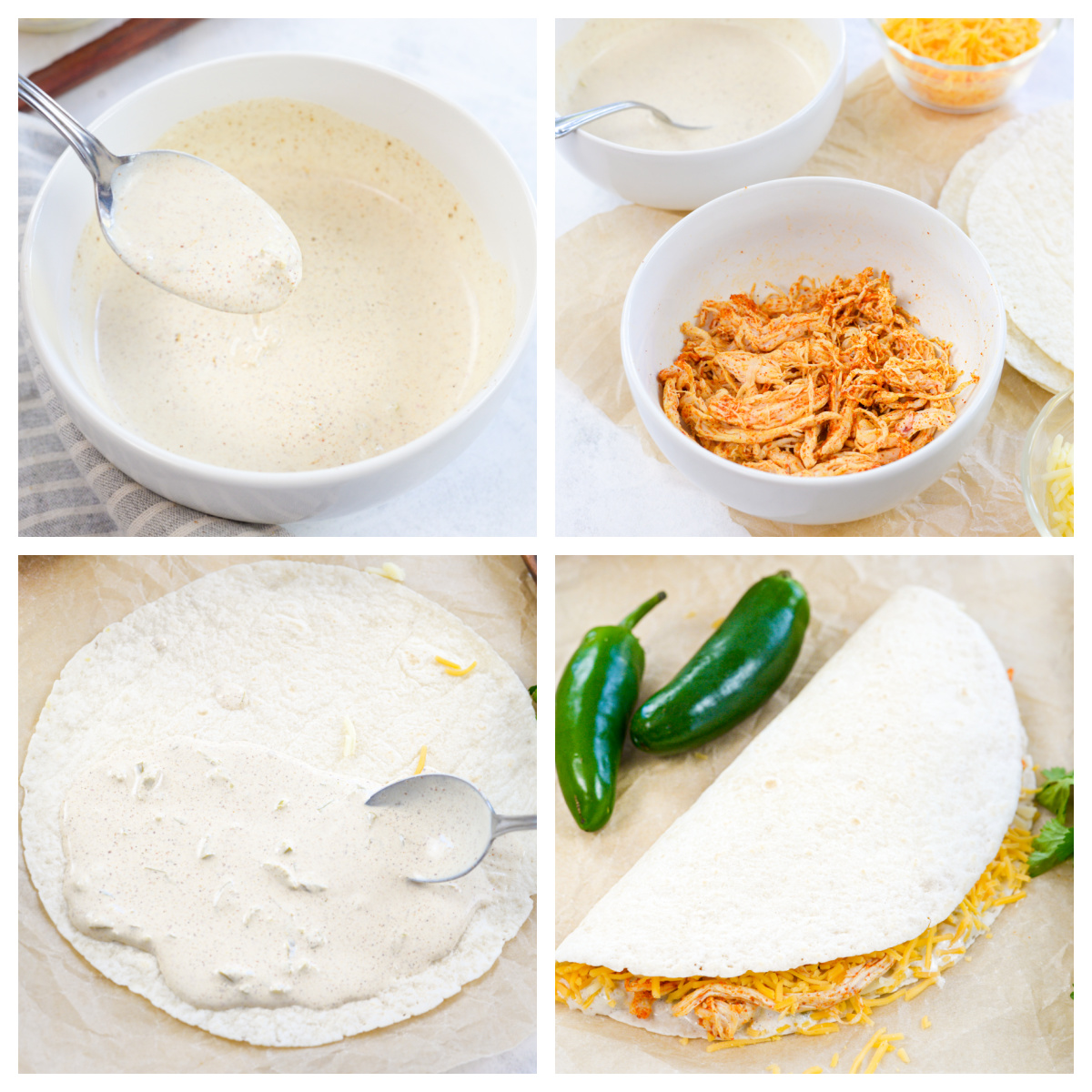 Collage of filling a quesadilla.
