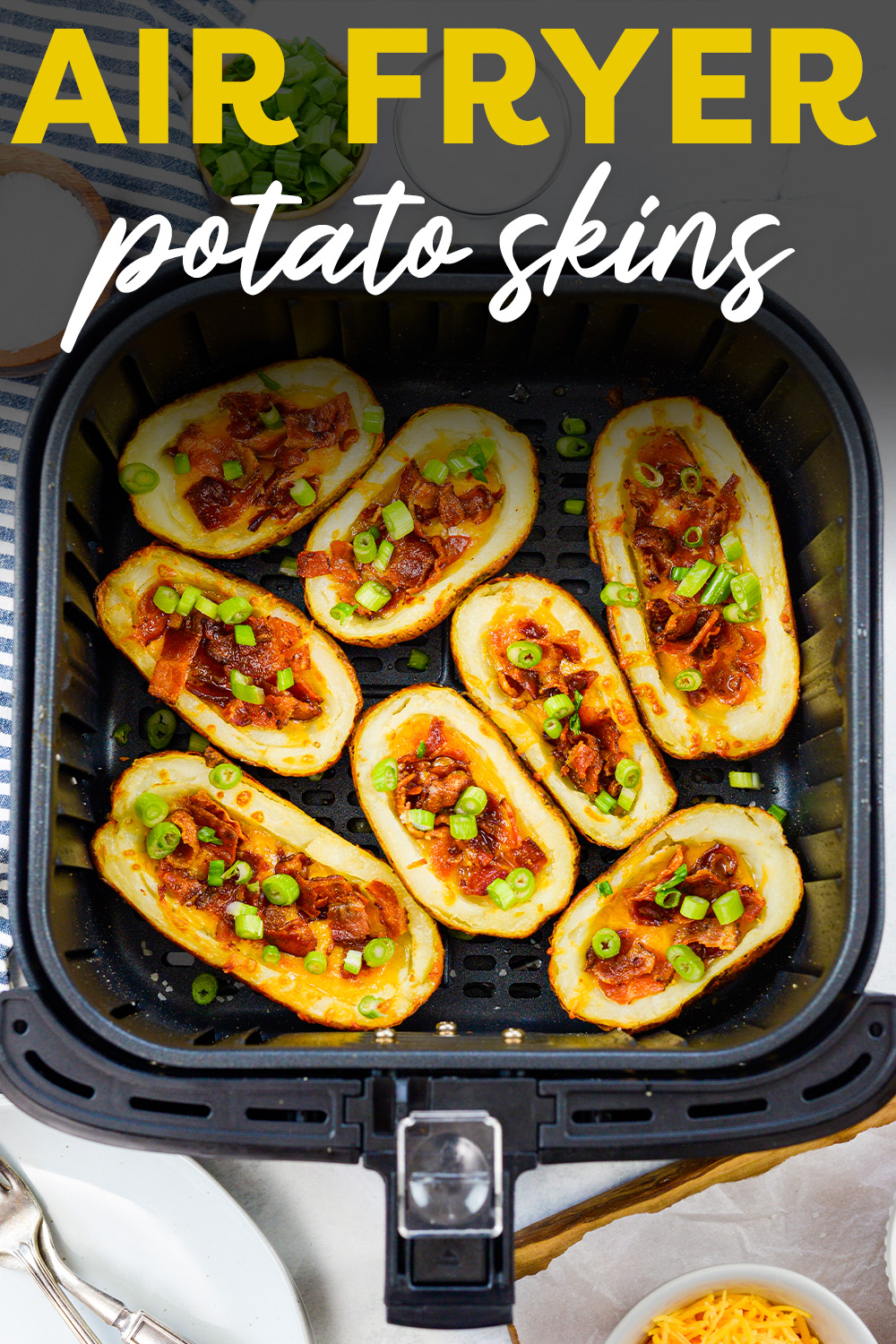 These potato skins have a beautiful crispy skin and are loaded with bacon, cheese, and sour cream!